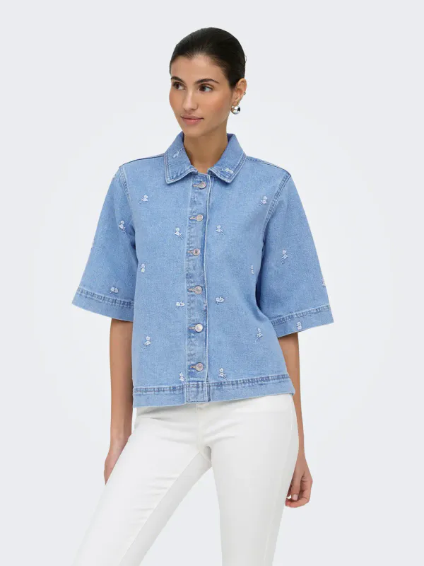 Only Onlbella Denim Skjorte Blomster Broderi