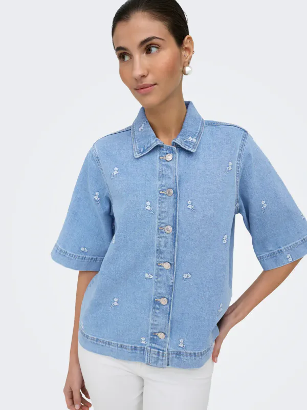 Only Onlbella Denim Skjorte Blomster Broderi